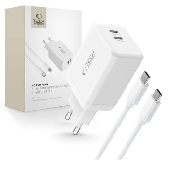 Tech-Protect NC45W-GAN tinklo įkroviklis 2x USB-C 45W ir USB-C laidas, baltas