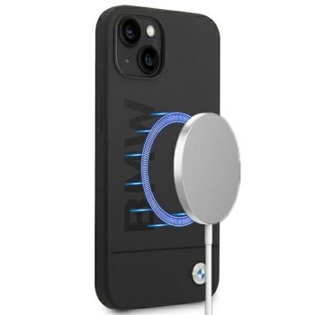 BMW dėklas iPhone 14 Plus telefonui Silicone Signature Logo MagSafe, juodas