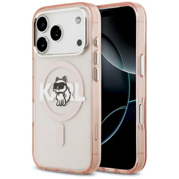 Karl Lagerfeld dėklas iPhone 17 Pro telefonui su MagSafe, Choupette Sketch Logo, rožinis