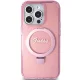 Guess Ring Stand Script Glitter MagSafe dėklas iPhone 15 Pro, rožinis