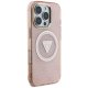Guess IML Metal Glitter 4G Circle Triangle MagSafe dėklas iPhone 16 Pro, rožinis