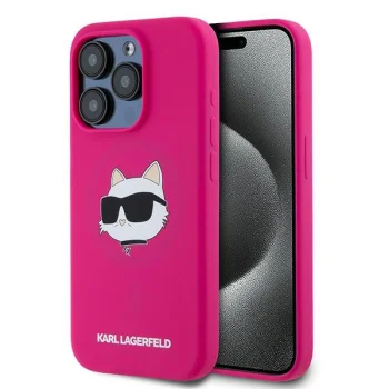 Karl Lagerfeld dėklas iPhone 15 Pro telefonui Silicone Choupette Head MagSafe, rožinis