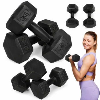Šešiakampiai svarmenys MOVEPRO 2x3 kg, fitneso hantelių rinkinys, juodi