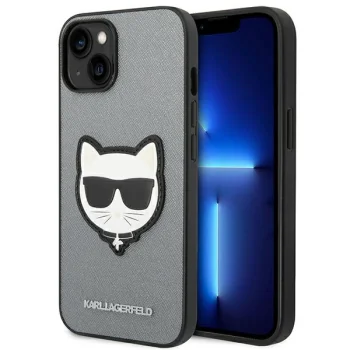 „Karl Lagerfeld Choupette Head Patch“ dėklas „iPhone 14 Plus“, sidabrinis