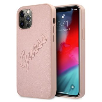 Guess iPhone 12 Pro Max dėklas Saffiano Vintage Script, rožinis