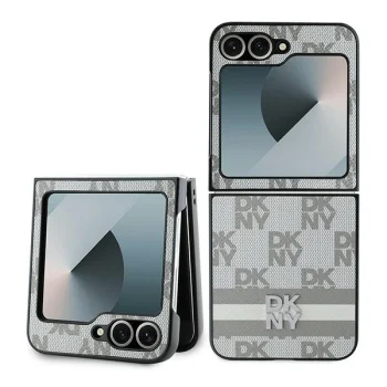 DKNY Checkered Pattern Printed Stripes dėklas telefonui Samsung Galaxy Z Flip 6, smėlio spalvos