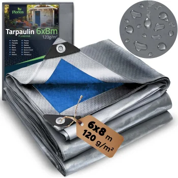 Vandeniui atsparus tentas Plonos PL-500, 6x8 m, 120 gsm, sidabrinis-mėlynas