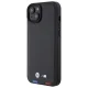 BMW dėklas iPhone 15 Plus telefonui Leather Stamp Tricolor, juodas