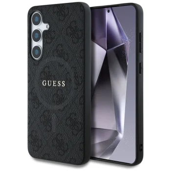 Guess Leather 4G Colored Ring MagSafe Case for Samsung Galaxy S25, Black