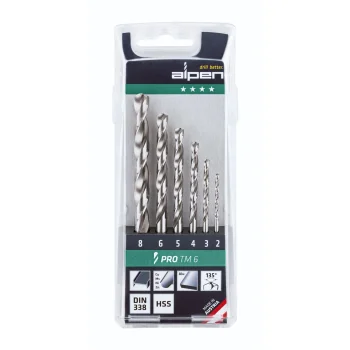 Metalo grąžtų komplektas Alpen Pro TM 6 HSS, 6 vnt. (2-8 mm)