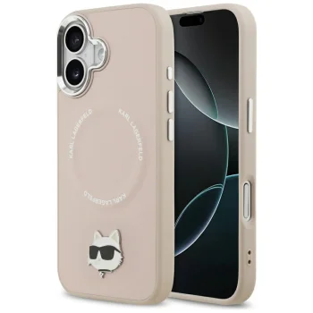 Karl Lagerfeld dėklas iPhone 17 su Choupette Pin MagSafe, rožinis