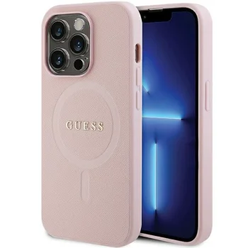 Guess Saffiano MagSafe dėklas iPhone 14 Pro Max telefonui, rožinis