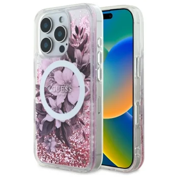 Guess GUHMP16LLFMWTP iPhone 16 Pro dėklas Liquid Glitter Flower MagSafe, rožinis