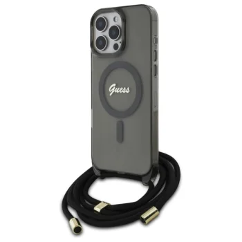 Guess dėklas iPhone 16 Pro su Crossbody virvele ir MagSafe, juodas