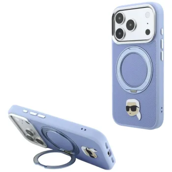 Karl Lagerfeld dėklas iPhone 18 Pro / 17 Pro su Ring Stand 360 MagSafe, šviesiai mėlynas