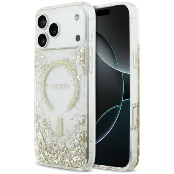 Guess Resin Bottom Glitter MagSafe dėklas skirtas iPhone 18 Pro Max / 17 Pro Max, auksinis