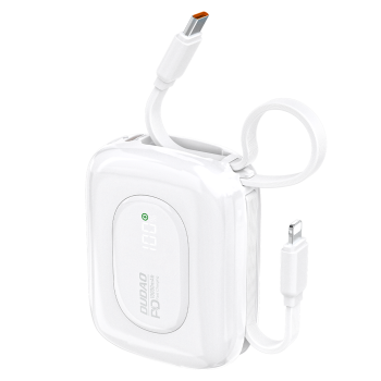 Dudao K32 išorinė baterija 10000 mAh 22.5W su įmontuotais USB-C/Lightning laidais, balta