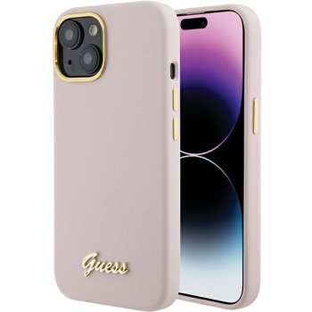 Guess Silicone Script Metal Logo & Frame dėklas iPhone 15 telefonui, rožinis