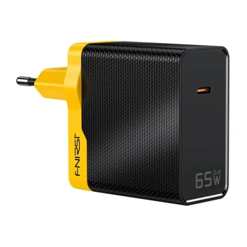 FNIRSI 65W GaN USB-C maitinimo blokas įkroviklis, geltonas ir juodas