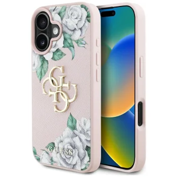 Guess Grained Roses Big 4G Logo Case for iPhone 16 6.1", Pink