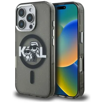 Karl Lagerfeld IML Glitter Karl & Choupette MagSafe dėklas iPhone 16 Pro Max, juodas