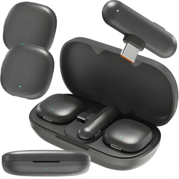 Dvigubas belaidis prisegamas mikrofonas su USB-C imtuvu telefonui ir PC