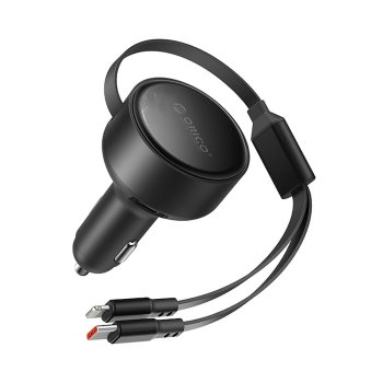 Orico automobilinis įkroviklis 60W su ištraukiamais USB-C ir Lightning laidais