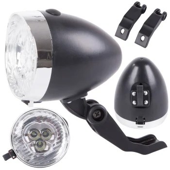 Retro priekinis dviračio žibintas 3 LED, juodas su chromu
