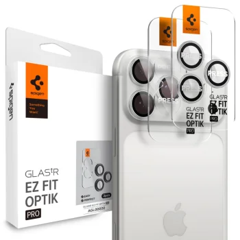 Kameros apsauginis stiklas Spigen Optik Pro EZ FIT iPhone 16/17 Pro / Max, 2 vnt., Sidabrinė