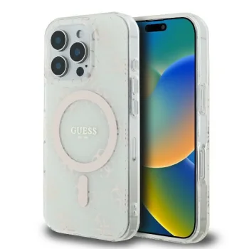 Guess IML 4G Background MagSafe dėklas skirtas iPhone 16 Pro, baltas