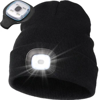 Žieminė kepurė su LED prožektoriumi ir USB įkrovimu, juoda