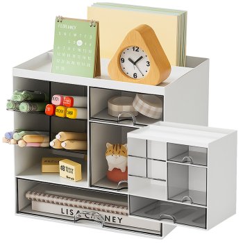Desk Organizer with Drawers for Makeup and Office Supplies Storage, White