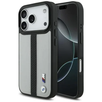 BMW M Perforated Stripe Logo MagSafe dėklas iPhone 17 Pro telefonui, pilkas
