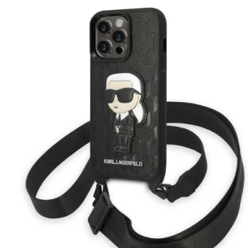 Karl Lagerfeld Monogram Ikonik Patch dėklas iPhone 14 Pro su dirželiu, juodas