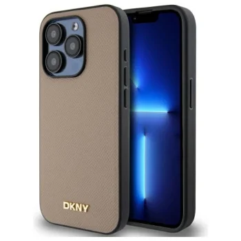 DKNY Grained Metal Logo MagSafe dėklas skirtas iPhone 15 Pro Max 6.7", smėlio spalvos