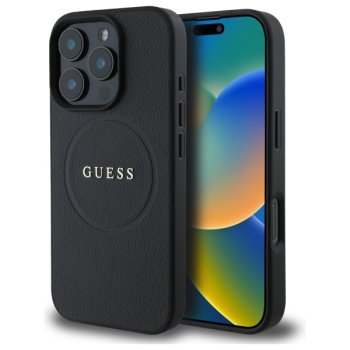 Guess Grained Gold Ring MagSafe Phone Case Cover iPhone 16 Pro Max - black