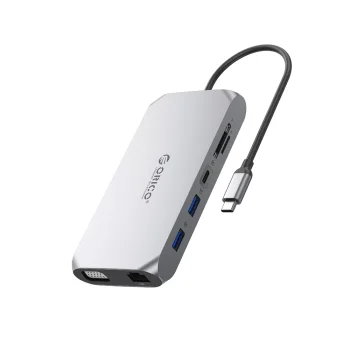 Orico XCR 12-in-1 USB-C doko stotelė 2x HDMI 4K 60Hz VGA PD 100W RJ45 kortelių skaitytuvas, pilka