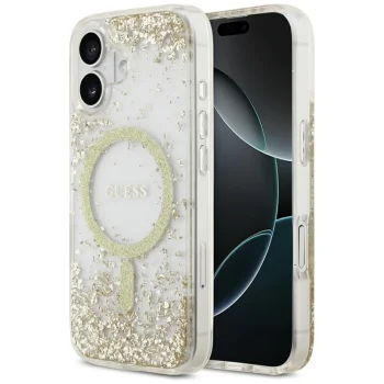 Guess Resin Bottom Glitter MagSafe dėklas skirtas iPhone 17, auksinis