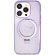 Guess dėklas iPhone 15 Pro su Ring Stand MagSafe ir blizgučiais, violetinis