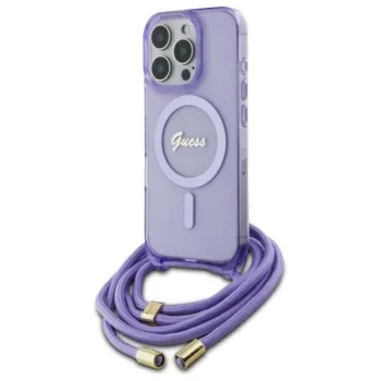 Guess iPhone 16 Pro dėklas Crossbody Cord Script MagSafe, violetinis