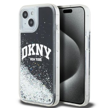 DKNY dėklas iPhone 15 telefonui Liquid Glitters Arch Logo, juodas