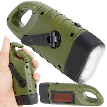 Dynamo Flashlight with Solar Panel and 3 LEDs, Green