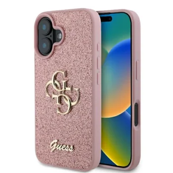 Guess iPhone 16 dėklas Fixed Glitter Big 4G, rožinis