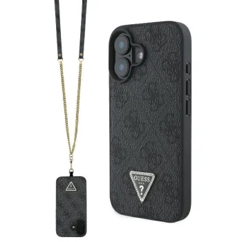 „Guess“ dėklas „iPhone 16“ „Leather Metal Logo Strass Crossbody“, juodas