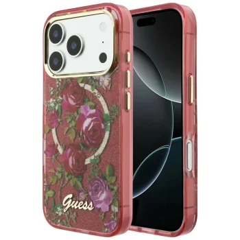 Guess IML Glitter Blossom Roses dėklas iPhone 17/18 Pro Max, MagSafe, bordo