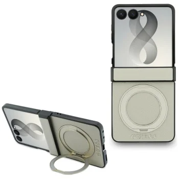 Guess Magnetic Ring Stand Grained Classic Logo MagSafe dėklas Samsung Galaxy Z Flip 8, smėlio