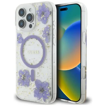 Guess Resin Flowers MagSafe iPhone 16 Pro Max Case - Purple