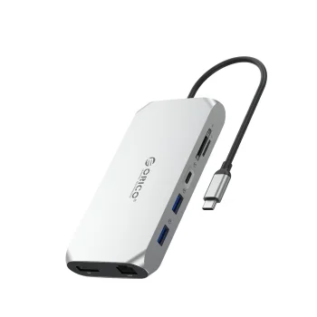 Orico XCR 12-in-1 USB-C doko stotelė 100W PD 2x HDMI DP RJ45, sidabrinė