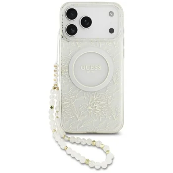 „Guess“ IML Flowers Allover MagSafe dėklas iPhone 18 Pro Max / 17 Pro Max su perlų dirželiu, baltas