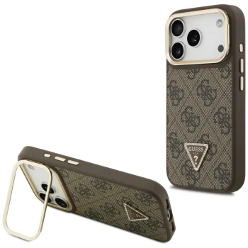 Guess 4G PU Triangle Logo & Stand Camera MagSafe dėklas iPhone 17 Pro, rudas